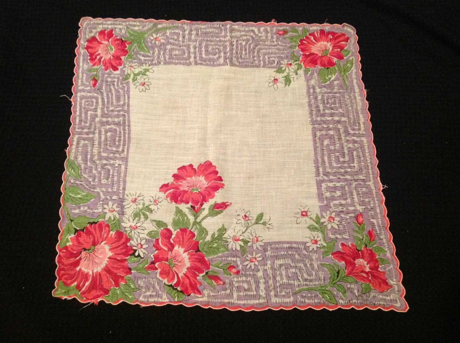Vintage Ladies' White Hankie/Handkerchief with Pink Scalloped Trim, Pink Flowers, and Purple Maze Trim