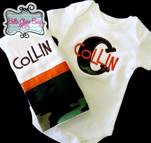 Camo Initial bodysuit and burp cloth set- Personalized Applique Custom design for girl or boy