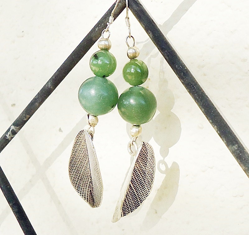 NEW ARRIVAL, Long Nephrite Jade & Karen Tribe Silver Earrings