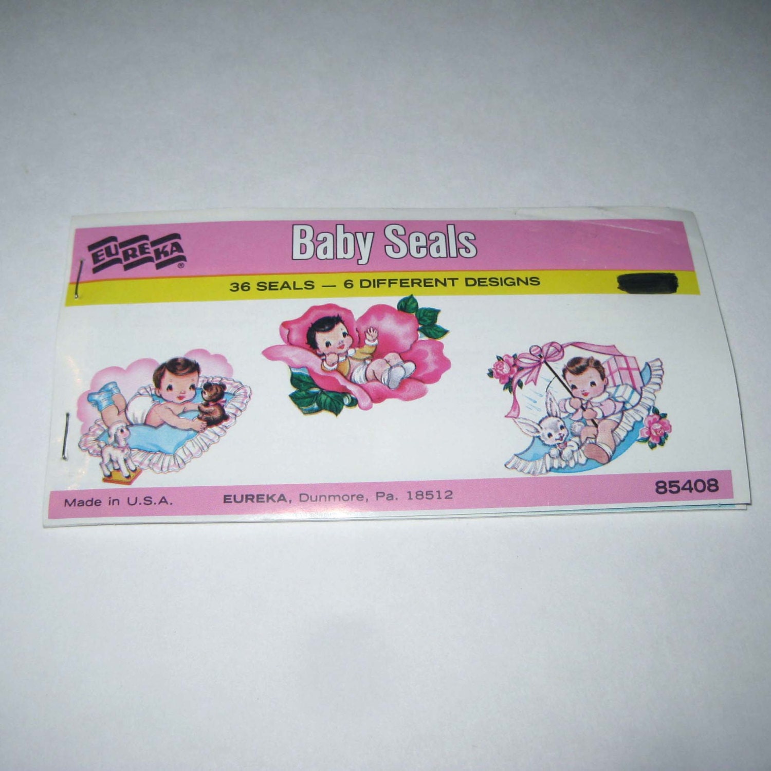 Vintage 1960s Unused Book of Eureka Gummed Seals Stickers or Labels with Babies Stork Stuffed Animals
