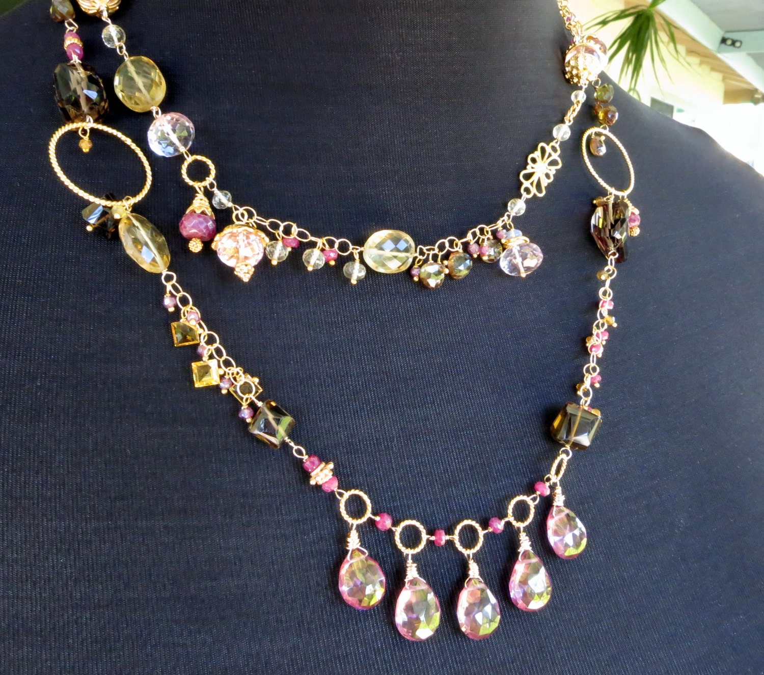 Gemstone statement necklace ruby smoky quartz gold vermeil pink quartz whimsical flapper style mermaid long opera rope --Málaga--