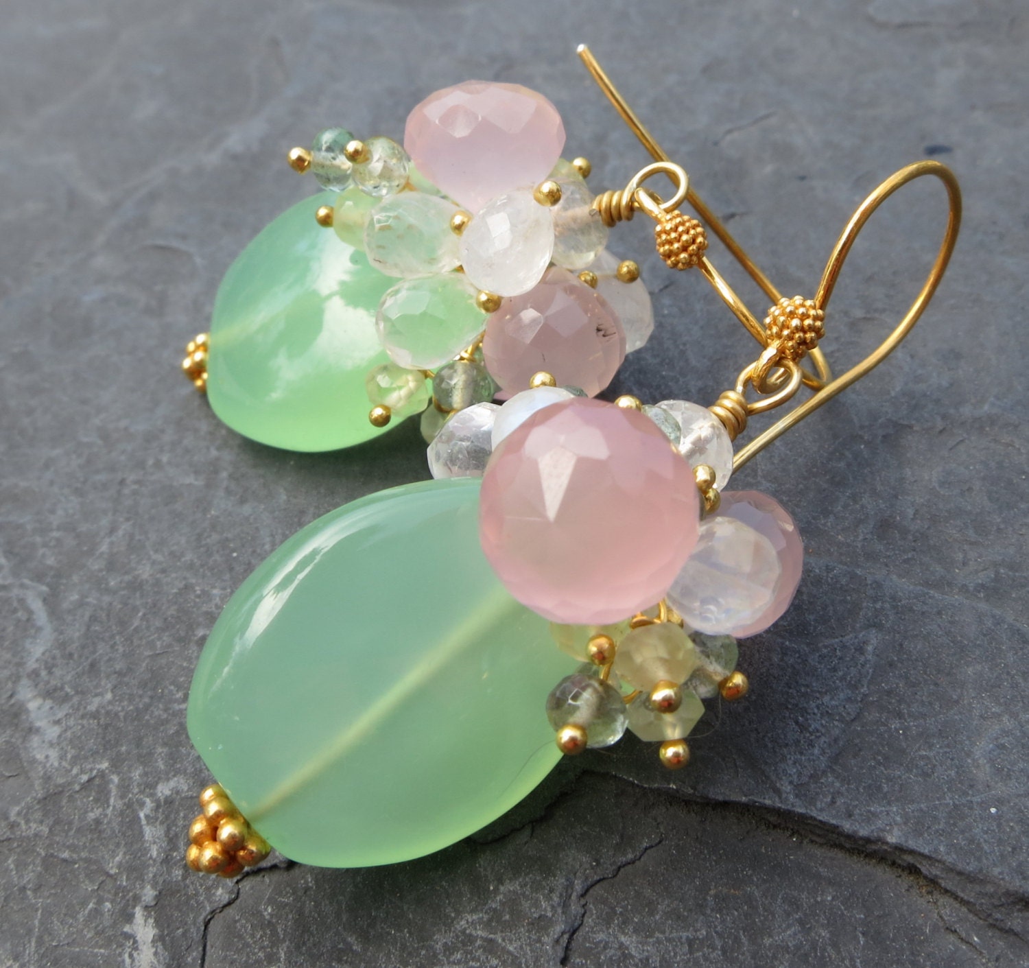 Mint green chalcedony, moonstone earrings moss aquamarine gold vermeil pastel shades english garden fairy sprite gemstone jewelry -Phlox-