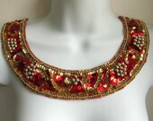 Beaded and sequined vintage applique collar yoke, red, gold. Hand stitched