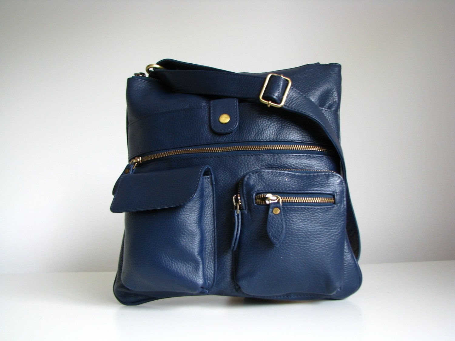 Leather Messenger Pocket Handbag Blue