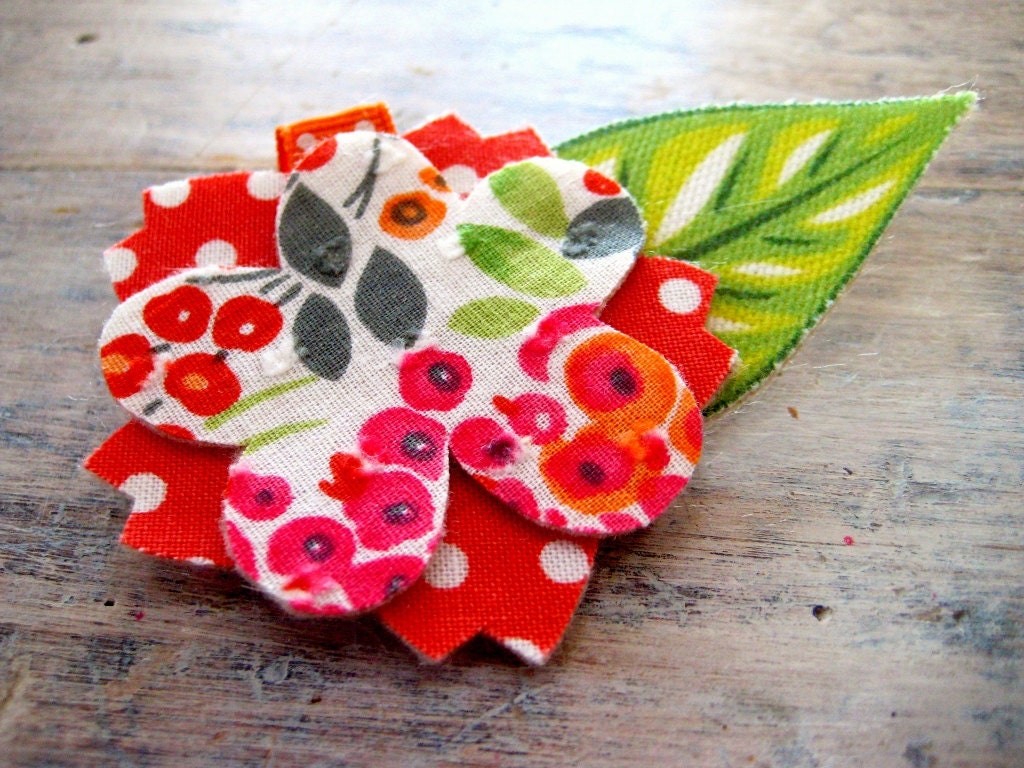 flower barrette - coral, orange, grey, & green