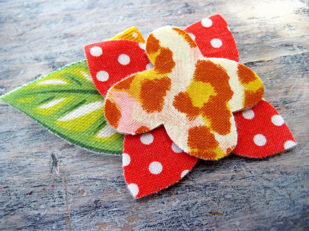 flower barrette - yellow and pink lepord print on coral pink, with merigold yellow ribbon