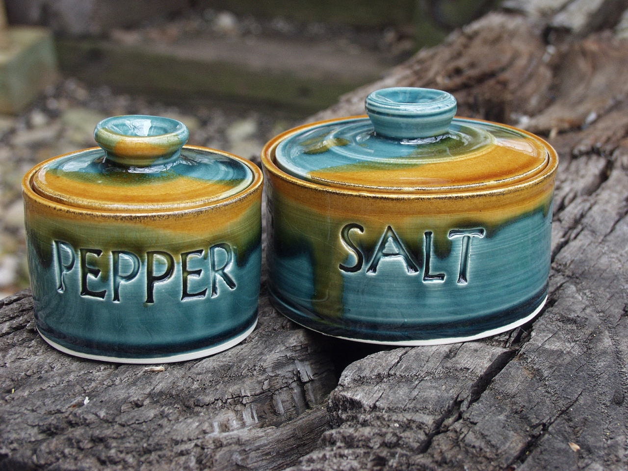 Salt and Pepper Lidded Jar Set Spice jars Ready to Ship Peacock Amber