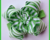boutique double layered BIG LIME green STRIPES hair bow on a headband