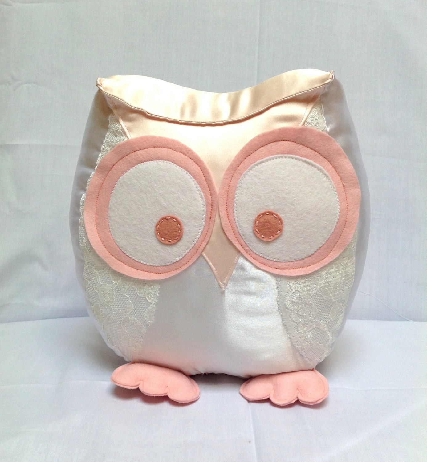 Chubby owl pillow made with white and pink satin