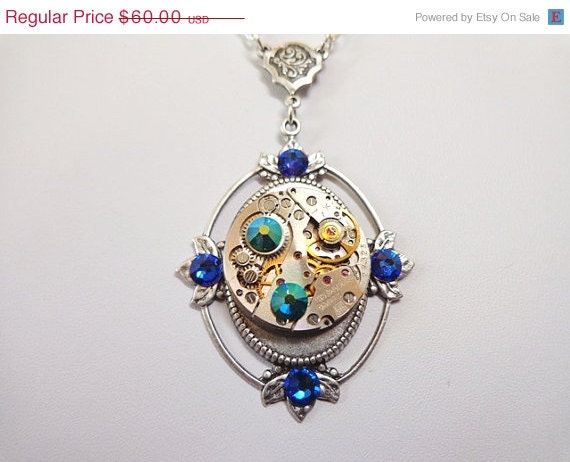Sale 25% Off Steampunk Finery Necklace With Vintage Watch Movement And Color Shifting Crystals