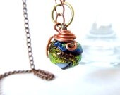 Dichroic Lampwork Copper Wire Wrapped Necklace - Dichroic Glass Jewelry with Copper and Brass, 32" Copper Chain