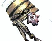 Silk Wrap Bracelet, Handmade Raku Ceramic The Evil Eye Hamsa Hand of Fatima Good Luck Charm Beadwork Yoga Silk Wrap Bracelet Jewelry