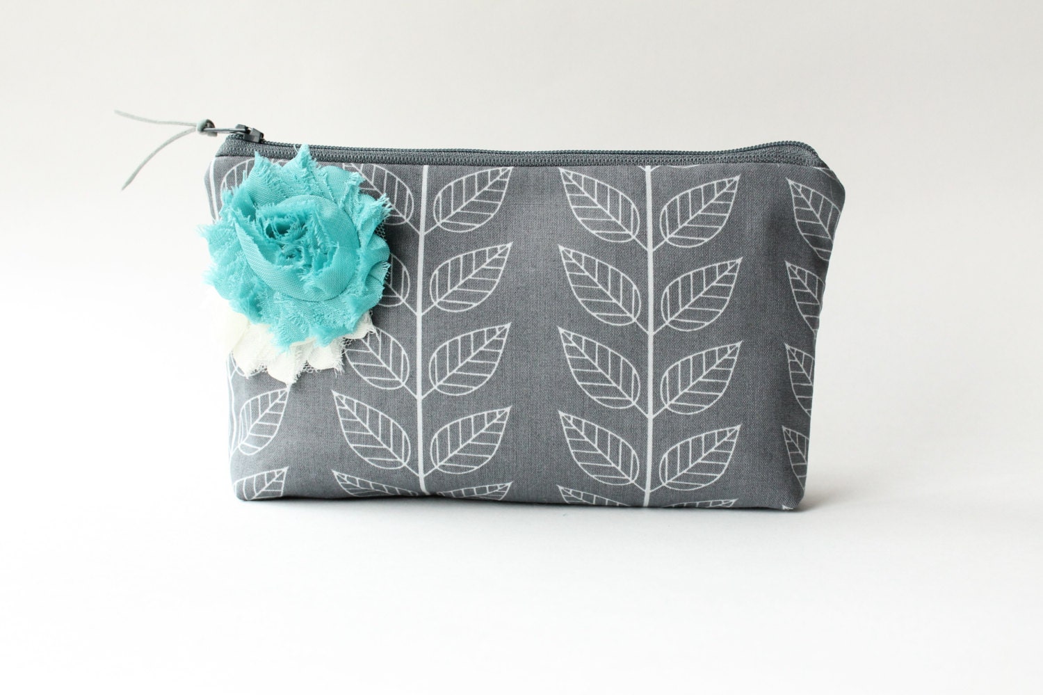 Clutch Purse with Flower Brooch, Gray and Aqua, Cosmetic Bag, Make Up Bag, Bridesmaid Gift