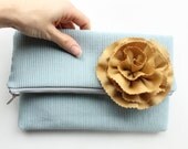 Fold Over Clutch Purse, Zipper Bag, Dusty Blue and Gold, Limited Edition