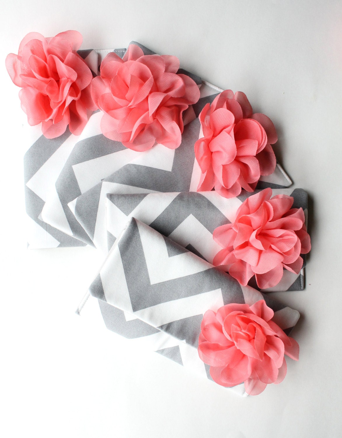Coral and Gray Bridesmaid Clutch Set of 5, Chevron Clutch, Bridal Clutch Purse, Wedding Bag, Personalized Colors