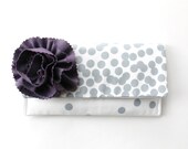 Clutch Purse, Grey and Purple, Polka Dots, Flower Brooch, Bridesmaid Clutch, Wedding Clutch, Fold Over Clutch