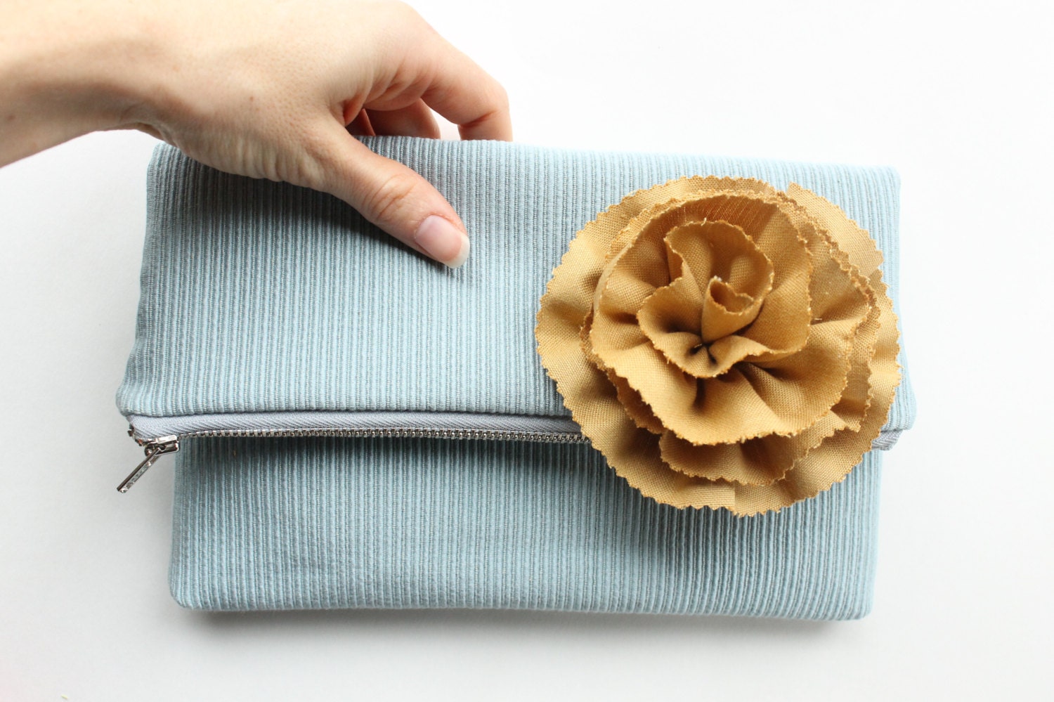 Fold Over Clutch, Zipper Bag, Dusty Blue and Gold, Limited Edition