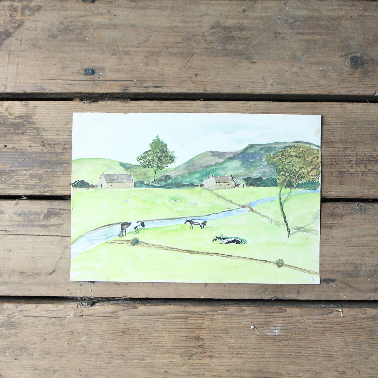 Vintage Landscape Watercolor Painting / Original Art, Cows, Fields, Countryside