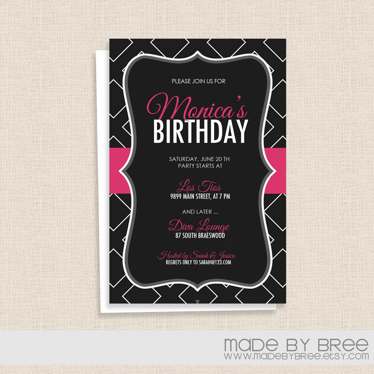 Diamond Pattern and Ribbons - Hot Pink and Gray - Birthday Party Invitation