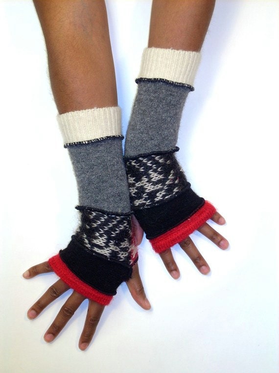 Finger less Gloves,Hand Warmers, Black and White (Red, Black, Black Red White pattern, Grey, Cream)