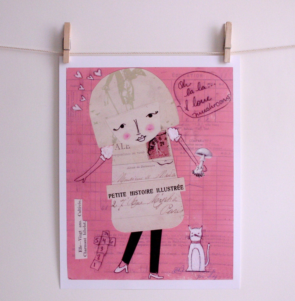 Love mushrooms - Paper Collage - Paper doll - Print - cat