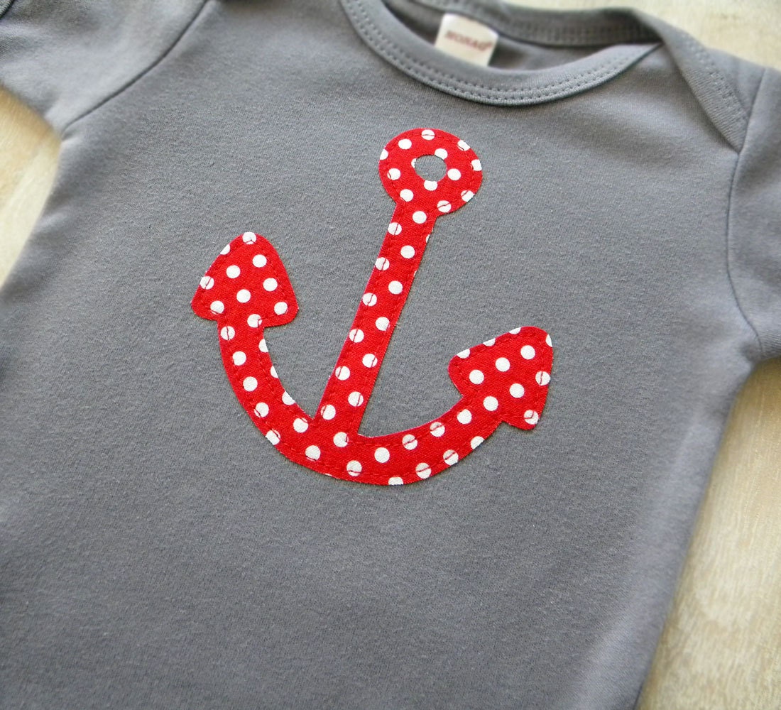 Nautical Baby Boy Clothes // Anchor Bodysuit // Size 3-6 months // Red Polka Dot Anchor Applique Gray Bodysuit