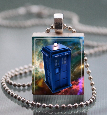 Dr WHO tardis scrabble tile necklace , dr who space tardis police box pendant  with ball chain necklace included