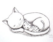 Ink Drawing Print Mother Child Love Cat Illustration Black & White Home Wall Decor Nursery Art 5x7