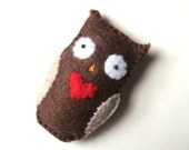 Felt brooch Owl Red Heart Woodland Bird Ugly Cute Felt Accessory Chocolate Brown Horned Owl