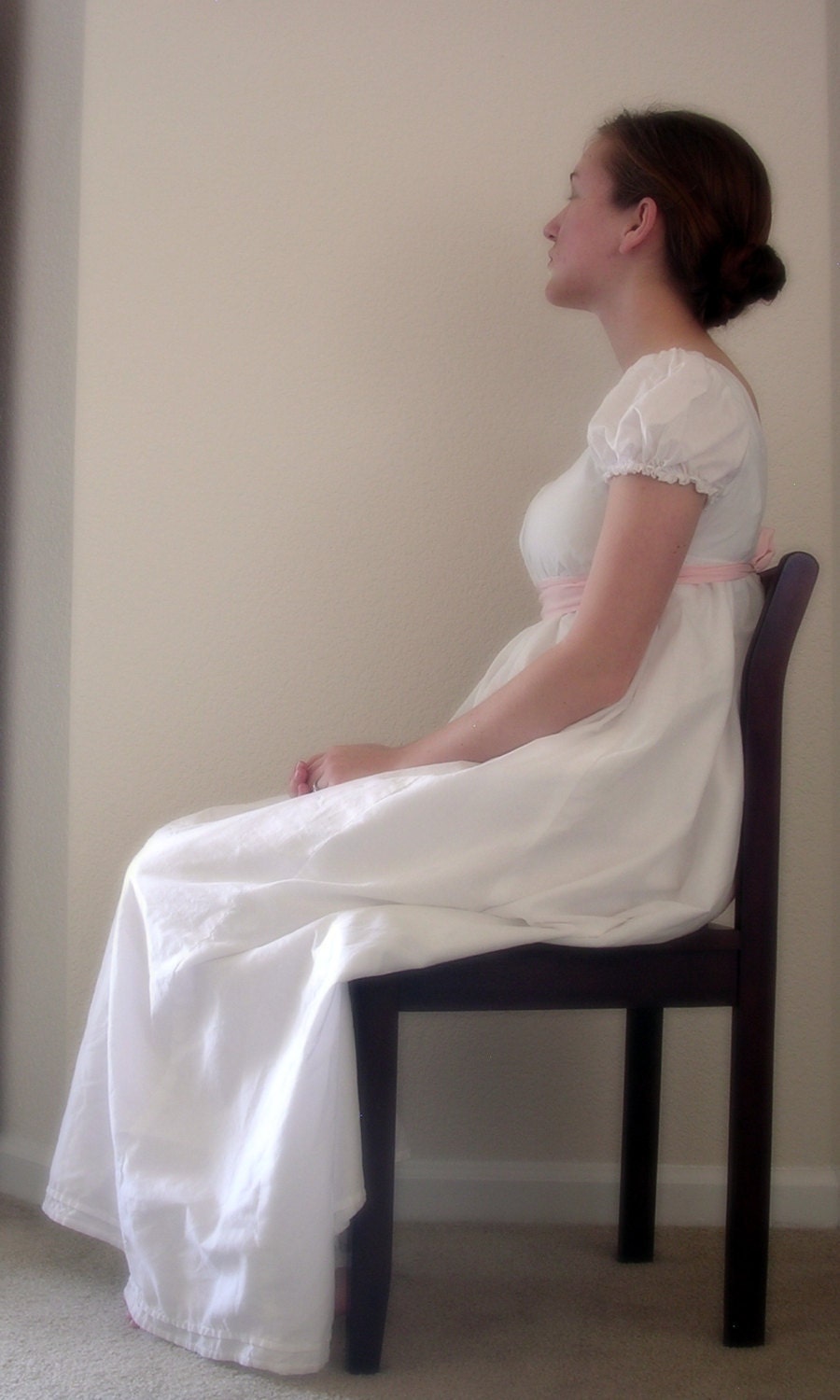 Custom-made white Jane Austen style dress with pink sash. Modernized for comfort.