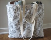 Tote bag, Large Beach Tote, Damask, Fleur de lis Beach Bag, tote bag  Grey