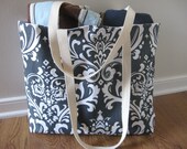 Tote bag,  Large Beach Tote, Damask, Fleur de lis Beach Bag, tote bag  Charcoal Slub