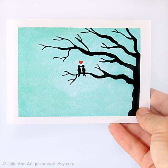 Wedding Card. I Love You Card. Lovebirds In A Tree. Mint, Seafoam Green, Red. Folded Blank Card.