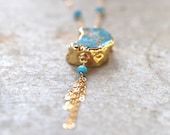 Sleeping Beauty Turquoise and Magnesite Gold Bezel Set Pendant Handmade Necklace