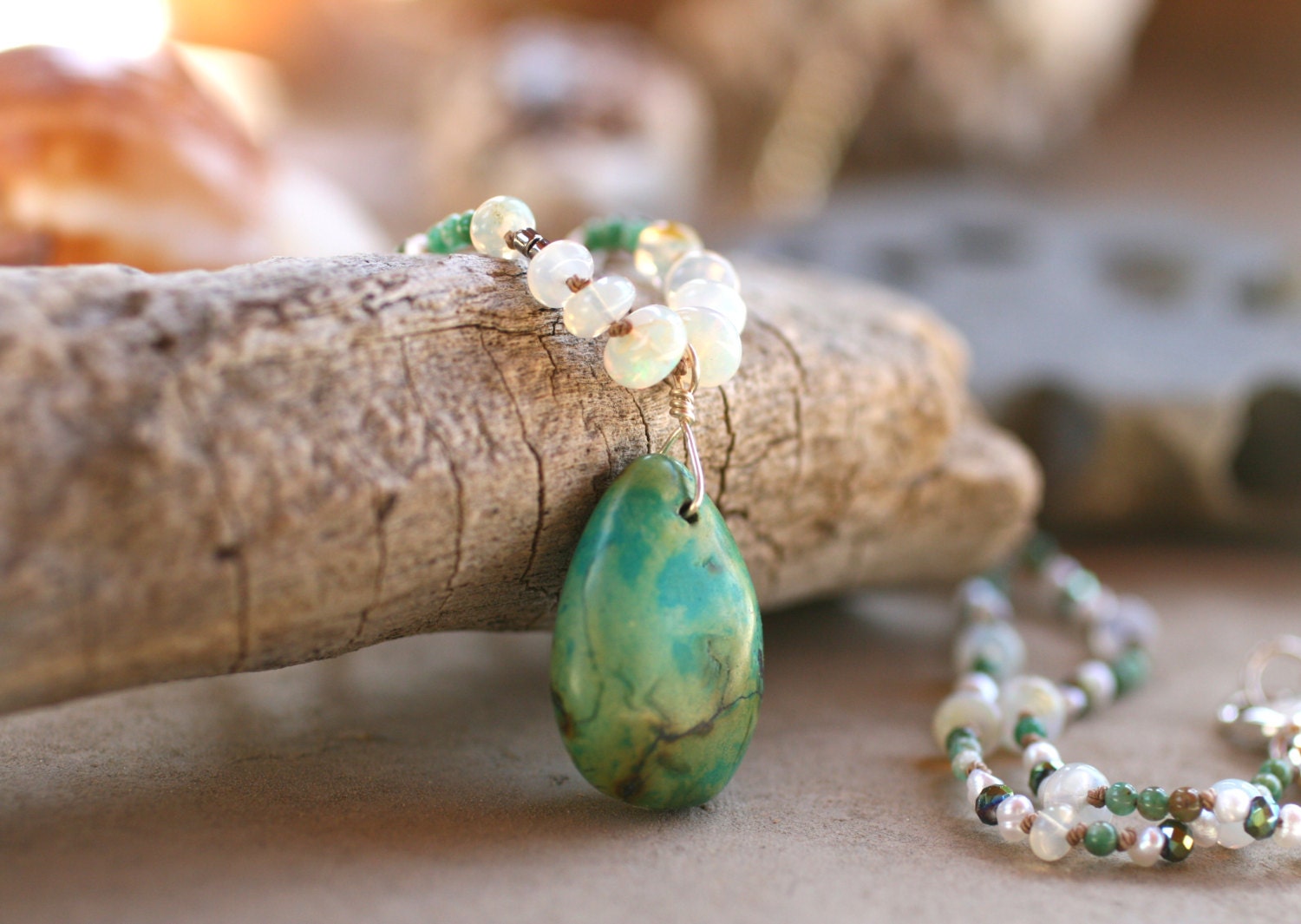 Green Turquoise Multi Gemstone Hand Knotted Silk Cord Necklace 16 Inches