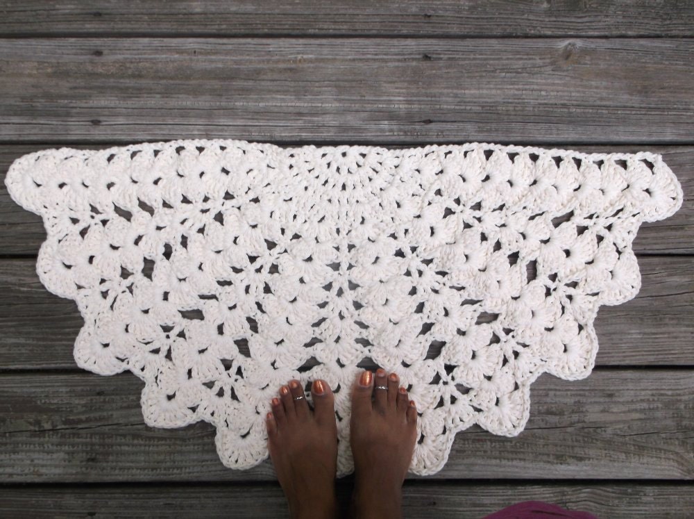 Soft Ecru Cotton Crochet Rug in Half Circle 17" x 34" Non Skid READY TO SHIP
