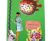 Collage Art Print // Vintage Puffer Fish Girl // Bright Home Decor
