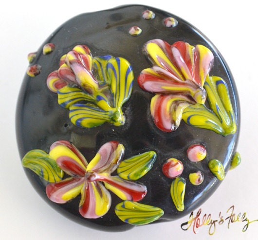 Happy Floral Glass Bead Focal Red Pink Yellow Flowers on Black Lentil Lampwork sra