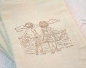 Beach Muslin Favor Bags / Drawstring Gift Bags - Stamped Seashore Wedding / Birthday / Baby Shower