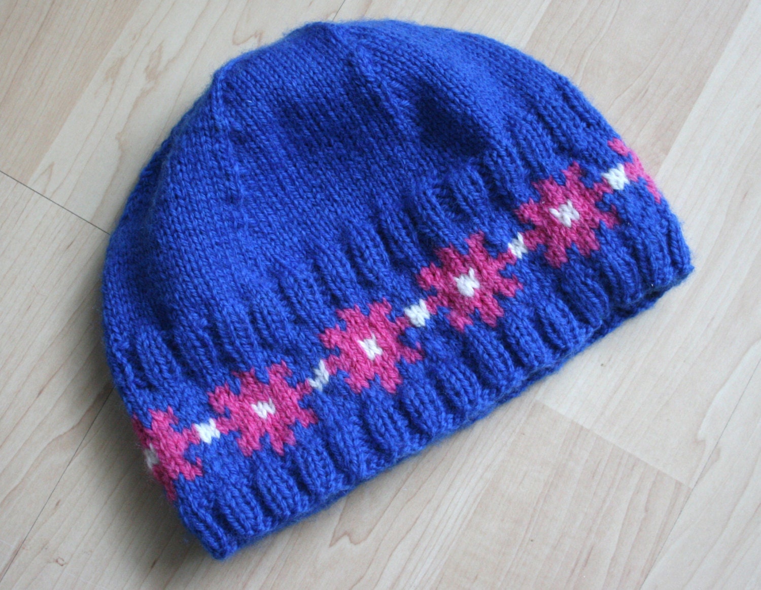 Hand-knit wool hat -- blue, pink and white in Scandinavian design