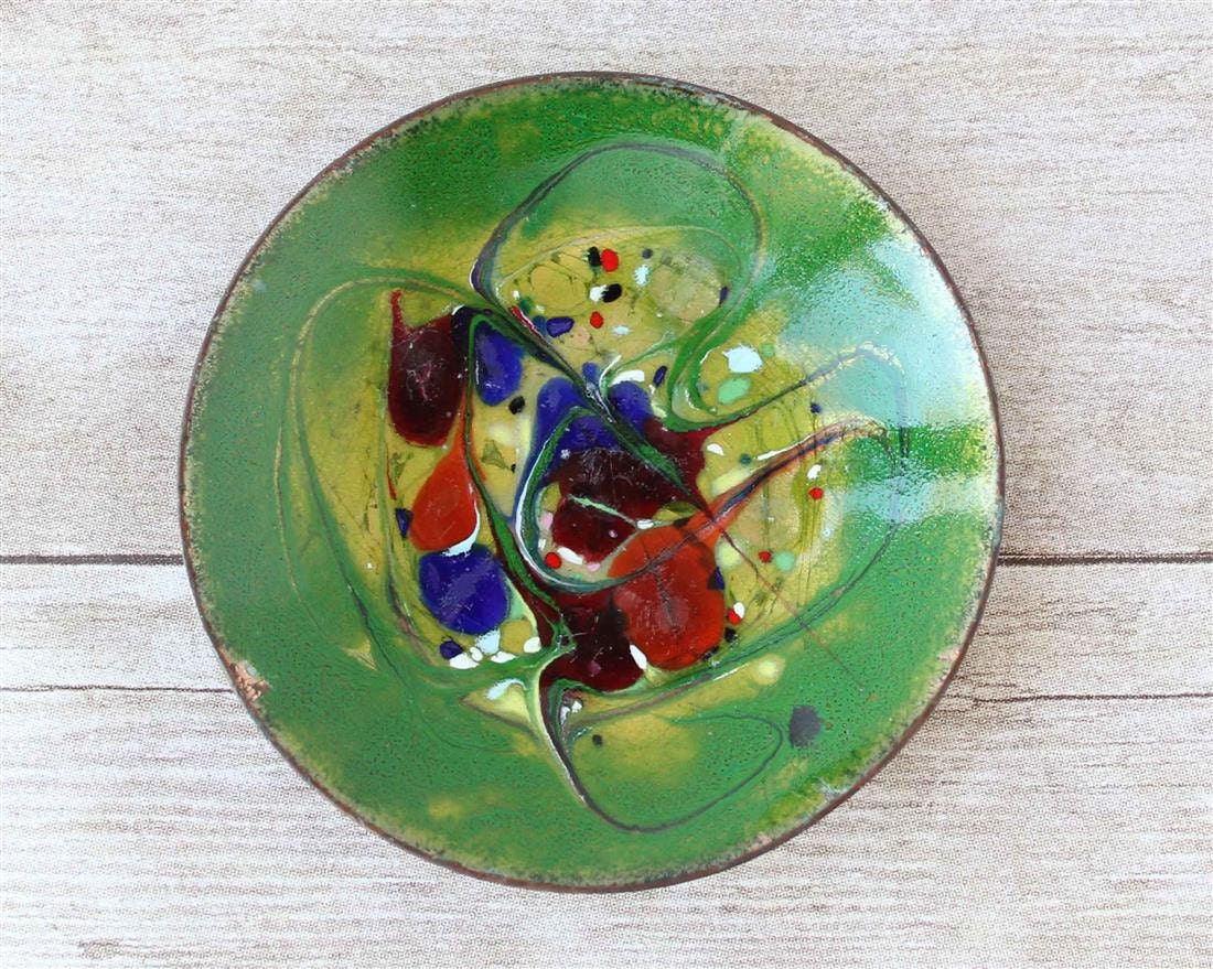 Small Painted Copper Enamel Bowl Unsigned / Pocket Change Holder / Colorful Jewelry Bowl