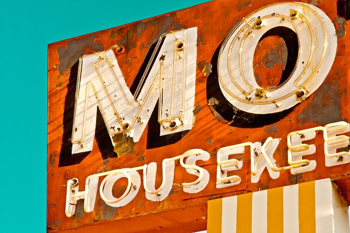 30% OFF Housewarming gift, motel sign photography, guest room decor, vintage neon, peeling paint, pumpkin, tangerine, citrus, teal