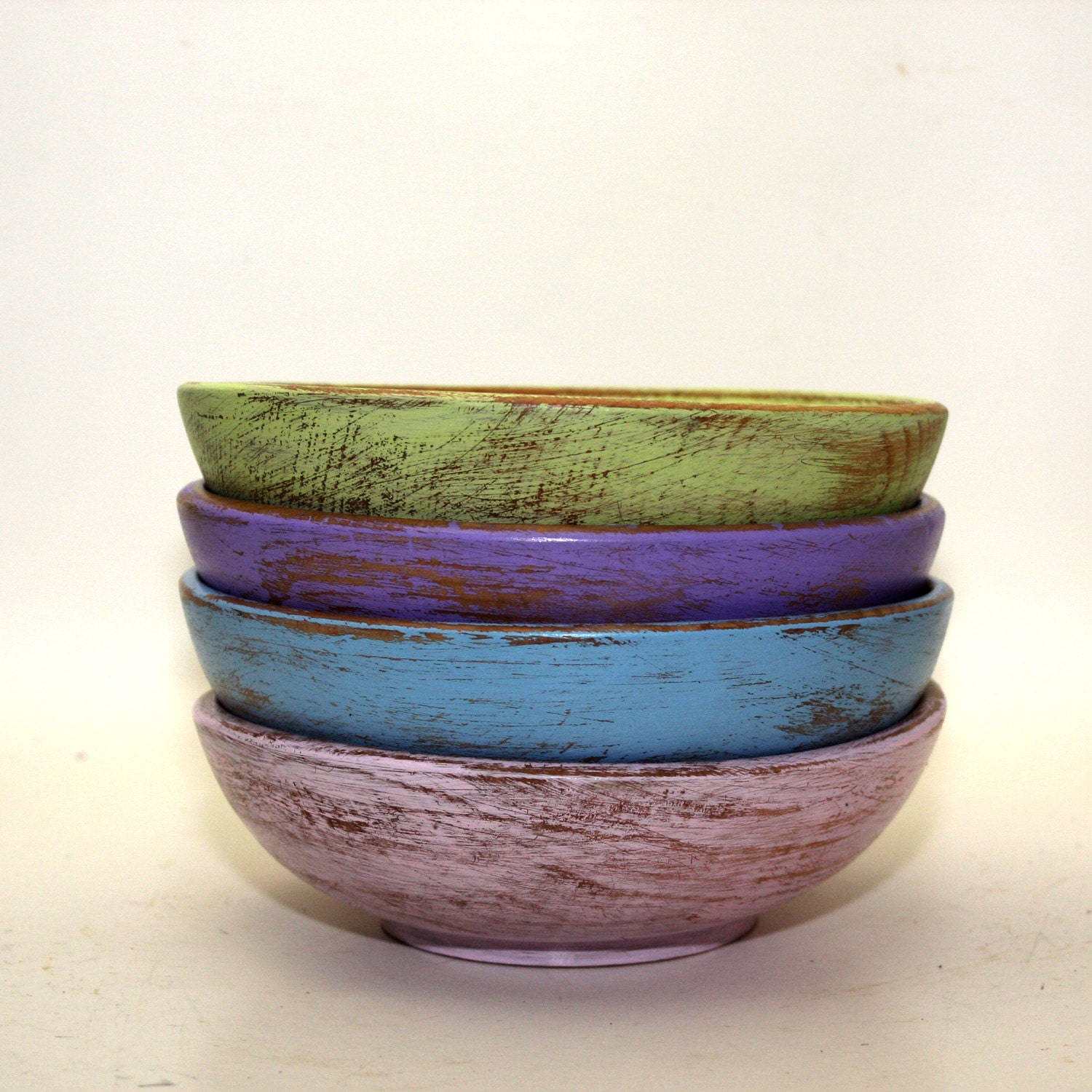 Wood Bowl Painted Upcycled Reclaimed Pastel Pink Green Purple Blue Set of 4