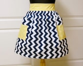 Navy Chevron Retro Half Apron, Yellow Houndstooth - Handmade Womens Kitchen Apron - Flair for Cooking Cute Waist  Aprons,  Ready to Ship