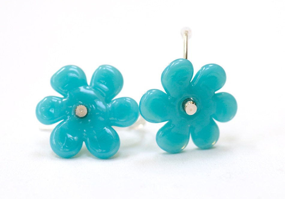 Turquoise Blue Flower Bead Earrings Handmade Lampwork Glass Sterling Silver Made to Order