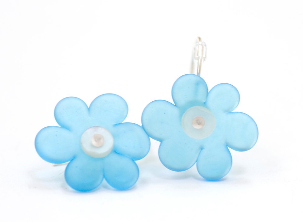 Aqua Sea Glass Flower Bead Earrings Handmade Lampwork Sterling Silver Made to Order