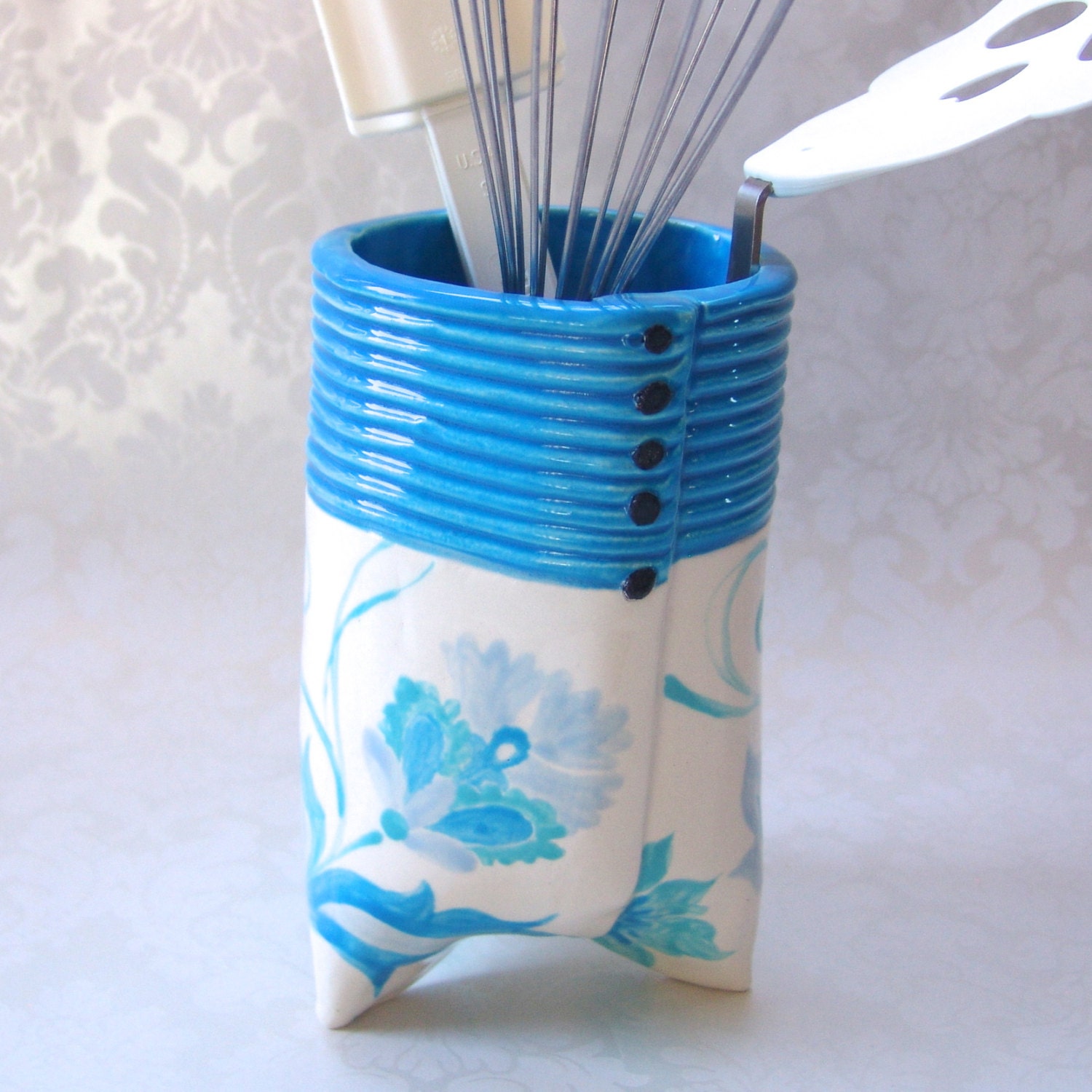 floral ceramic utensil holder  :) turquoise kitchen decor