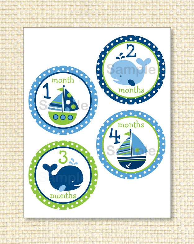 Nautical Whale Sailboat Printable Monthly Onesie Sticker Designs Instant Download