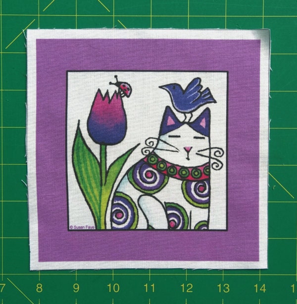 Tulip Garden Cat in Purples ... Fabric Craft Panel Block for DIY Sewing