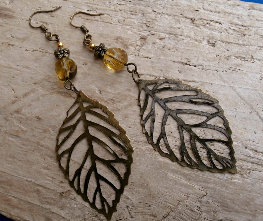 Large Antique Bronze Leaf Earrings Long Dangle Bohemian Jewellery
